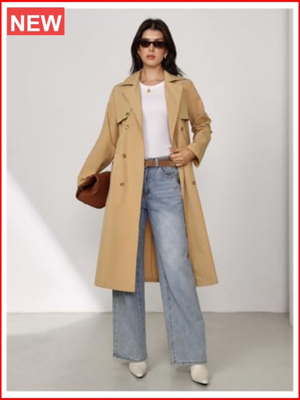 Double Breasted Long Trench Coat Belted Lapel Overcoat - Picture 5 of 6